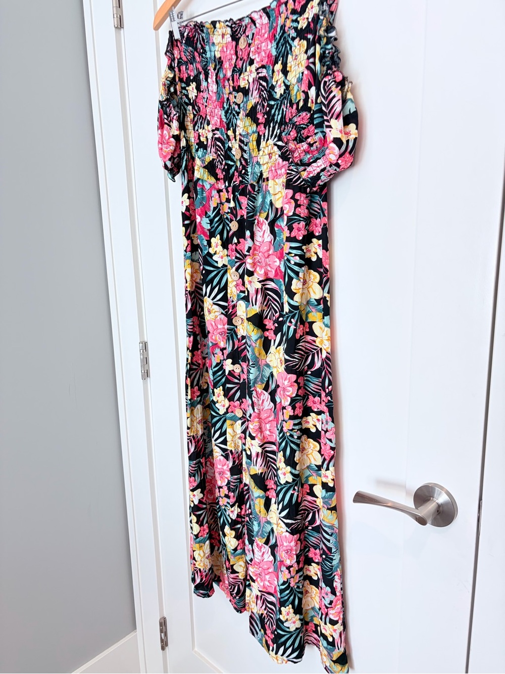 Floral Off-Shoulder Maxi Dress - Black Background with Pink & Yellow Blooms